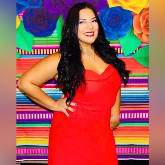 RED DRAPED DRESS - Picture 3 of 8